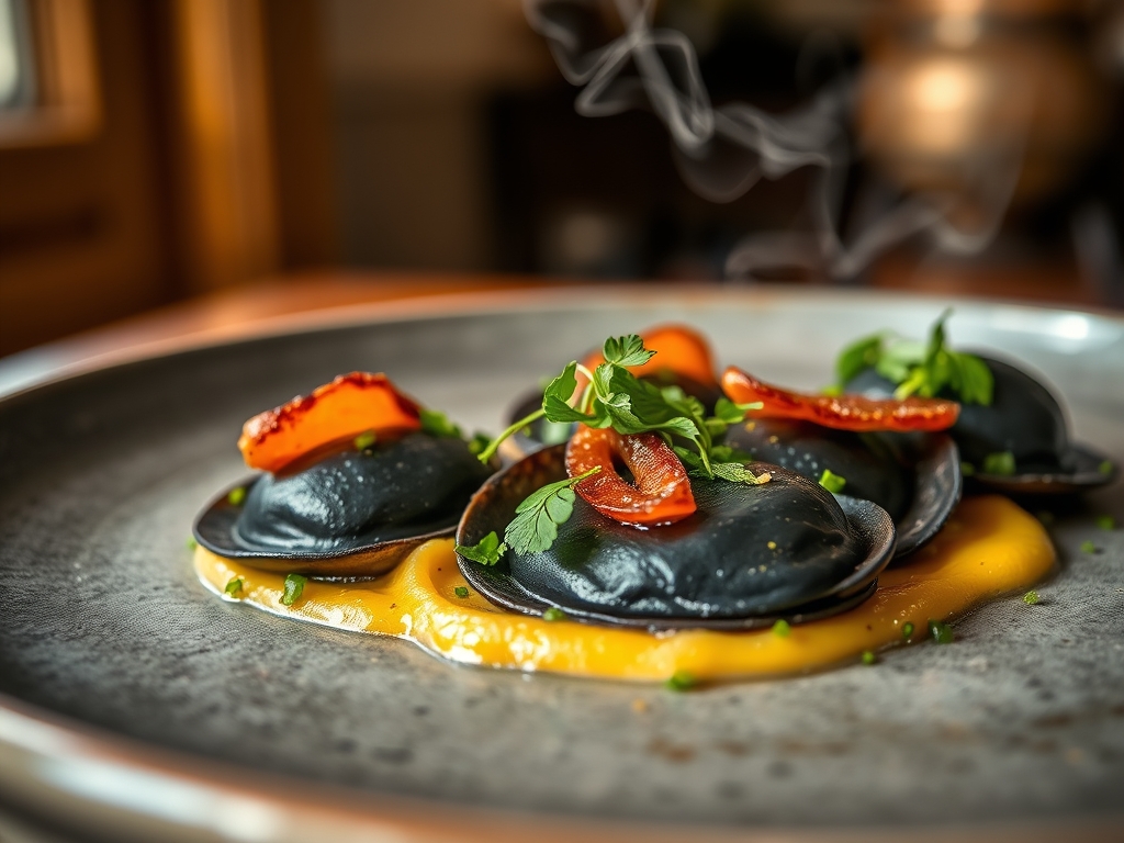 Raviolis negros de marisco