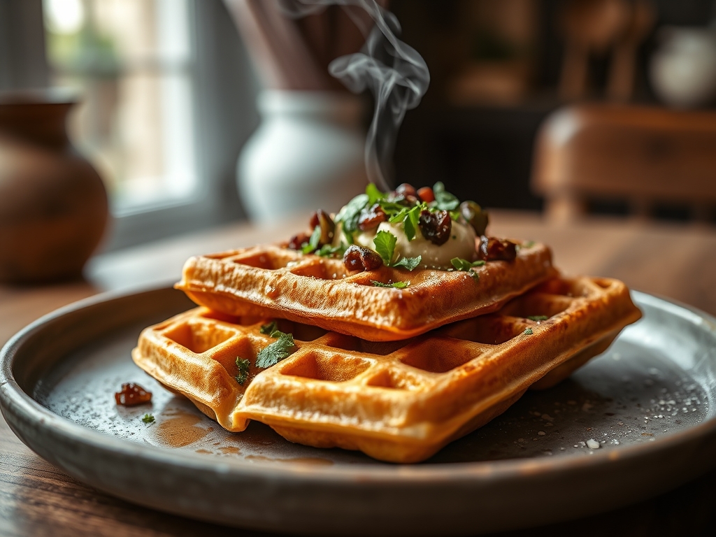 Waffles con torre de toppings